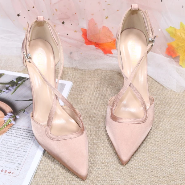 Chic / Beautiful Nude Street Wear Satin Womens Sandals 2020 X-Strap 10 cm Stiletto Heels Pointed Toe Sandals