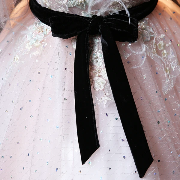 Elegant Blushing Pink Pearl Rhinestone Lace Flower Prom Dresses Ball Gown Backless 2021 Scoop Neck Bow Sash 1/2 Sleeves Floor-Length / Long Prom Formal Dresses