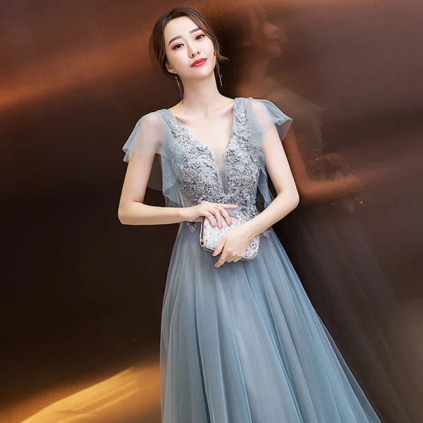 Elegant Evening Dresses 2018 A-Line / Princess Appliques Beading Crystal Pearl V-Neck Backless Short Sleeve Floor-Length / Long