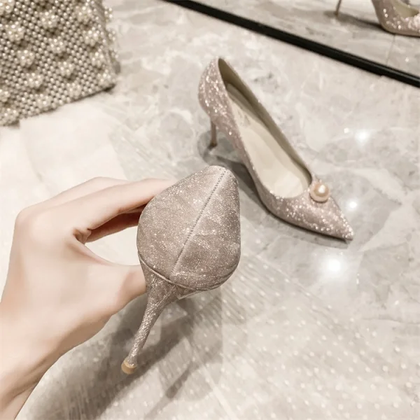 Sparkly Champagne Pearl Sequins Wedding Shoes 2021 Leather 10 cm Stiletto Heels Pointed Toe Wedding Pumps