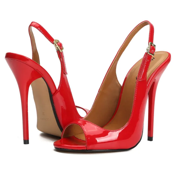 Sexy Black Cocktail Party Patent Leather Womens Sandals 2021 Slingbacks 13 cm Stiletto Heels Open / Peep Toe Sandals