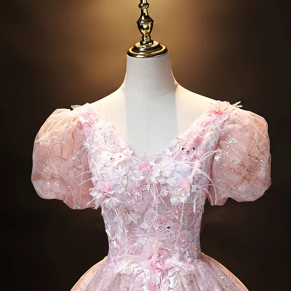 Vintage / Originale Rougissant Rose Perle Paillettes En Dentelle Fleur Robe De Bal Robe Boule 2021 V-Cou Gonflée Manches Courtes Dos Nu Longue Promo Robe De Ceremonie