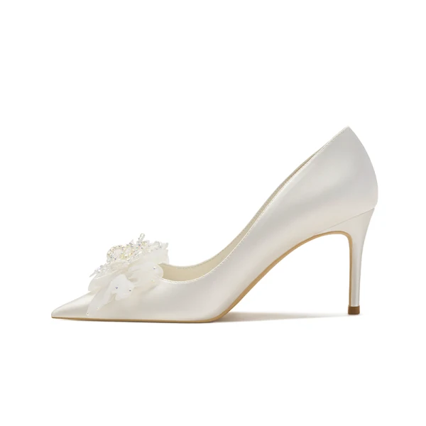 Chic Ivoire Satin Chaussure De Mariée 2021 Fleur 8 cm Talons Aiguilles À Bout Pointu Mariage Escarpins
