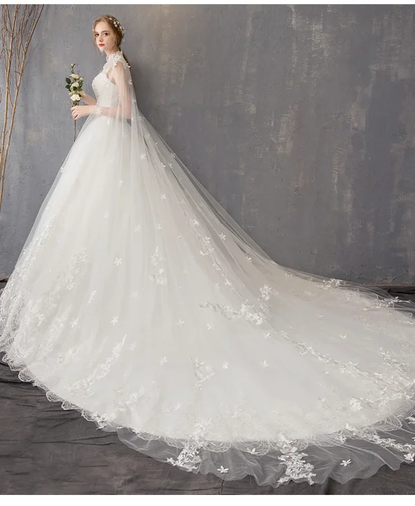 Charming White Wedding Dresses 2018 Ball Gown Lace Appliques Beading Crystal Pearl High Neck Sleeveless Backless Watteau Train Wedding
