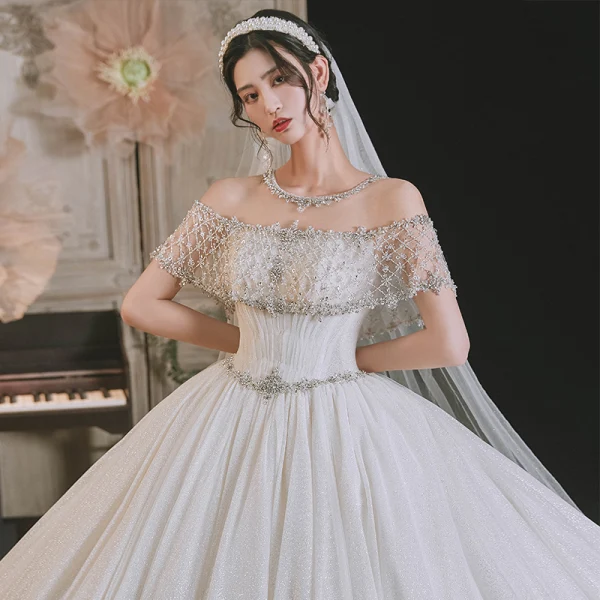 Luxury / Gorgeous Ivory Beading Rhinestone Sequins Wedding Dresses 2021 Ball Gown Scoop Neck Lace Flower Short Sleeve Backless Royal Train Wedding