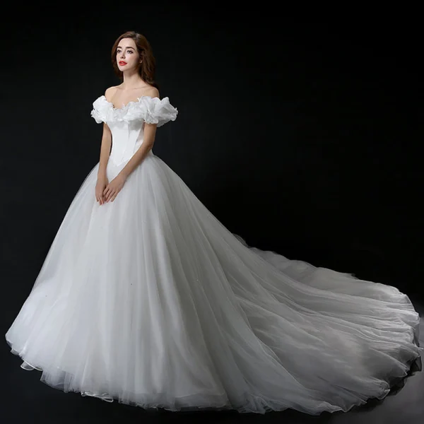 Cinderella Ocean Blue Prom Dresses 2018 Ball Gown Charmeuse Butterfly Off-The-Shoulder Backless Sleeveless Cathedral Train Formal Dresses
