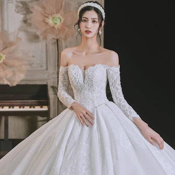 Luxe Ivoire Perlage Perle En Dentelle Fleur Robe De Mariée 2021 Robe Boule De l'épaule Manches Courtes Dos Nu Royal Train Mariage