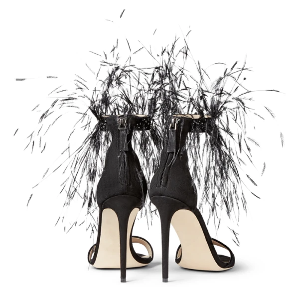 Sexy Noire Cocktail Sandales Femme 2021 Bride Cheville Plumes Cuir 9 cm Talons Aiguilles Peep Toes / Bout Ouvert Sandales
