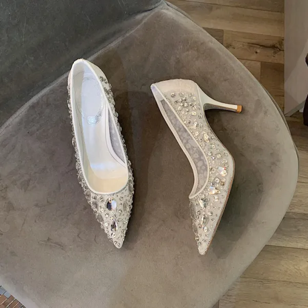 Sparkly Charming White Lace Rhinestone Wedding Shoes 2021 Tulle 7 cm Stiletto Heels Pointed Toe Wedding Pumps