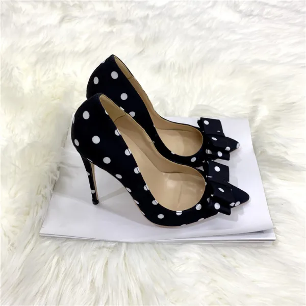 Härlig Svarta Tidsbeställning Prickig Pumps 2021 Satin Rosett 12 cm Stilettklackar Spetsiga Pumps
