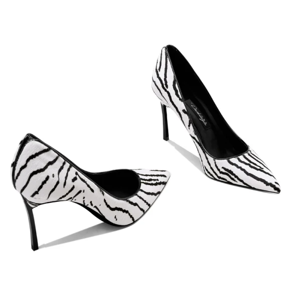 Chic / Belle Noire Blanche Daim Motif De Zebra Vêtement de rue Escarpins 2021 Cuir 10 cm Talons Aiguilles À Bout Pointu Escarpins