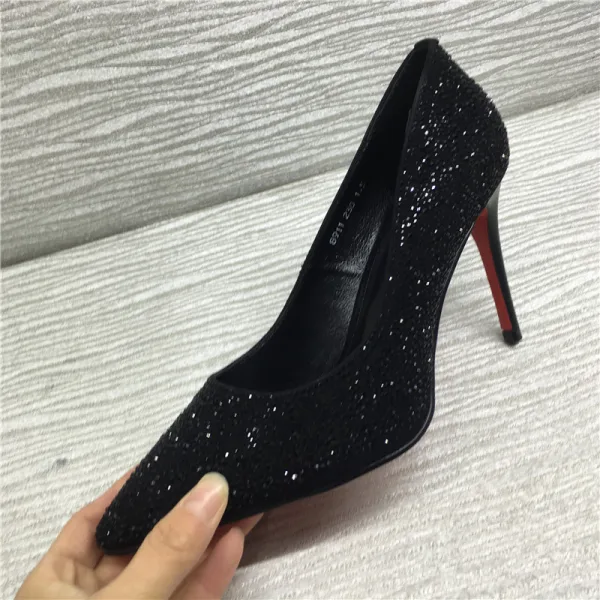 Glitter Zwarte Avond Rhinestone Pumps 2021 8 cm Naaldhakken / Stiletto Spitse Neus Pumps
