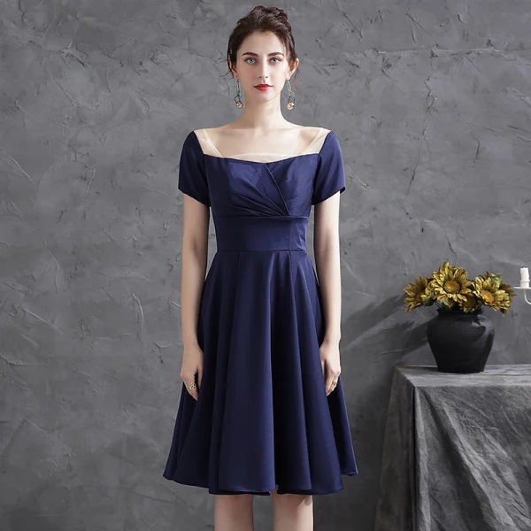 Modest Simple Navy Blue Homecoming Satin Graduation Dresses 2021 A-Line Princess Square