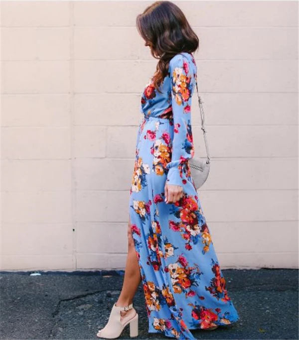 Bohemia Black Casual Maxi Dresses 2018 A-Line / Princess Split Front Printing Sash V-Neck Long Sleeve Floor-Length / Long Womens Clothing