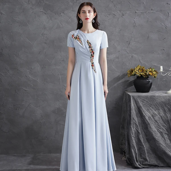 Modest  Grey Crystal Rhinestone Satin Evening Dresses  2021 A-Line / Princess Scoop Neck Short Sleeve Floor-Length / Long Evening Party Formal Dresses