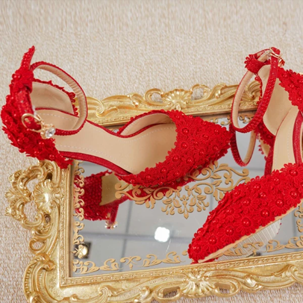 Chinese style Red Lace Flower Pearl Wedding Shoes 2021 Ankle Strap 9 cm Stiletto Heels Pointed Toe Wedding Sandals