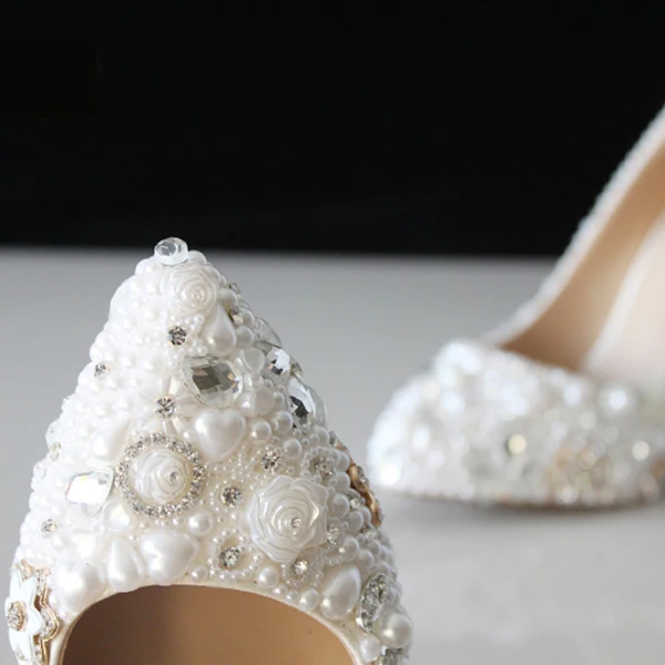 Fabuleux Ivoire Cristal Chaussure De Mariée 2021 Perle Faux Diamant 10 cm Talons Aiguilles Talons Hauts À Bout Pointu Mariage Escarpins