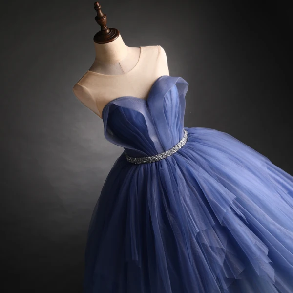 Elegant Ocean Blue Prom Dresses 2021 Ball Gown Scoop Neck Beading Sequins Sash Sleeveless Backless Floor-Length / Long Prom Formal Dresses