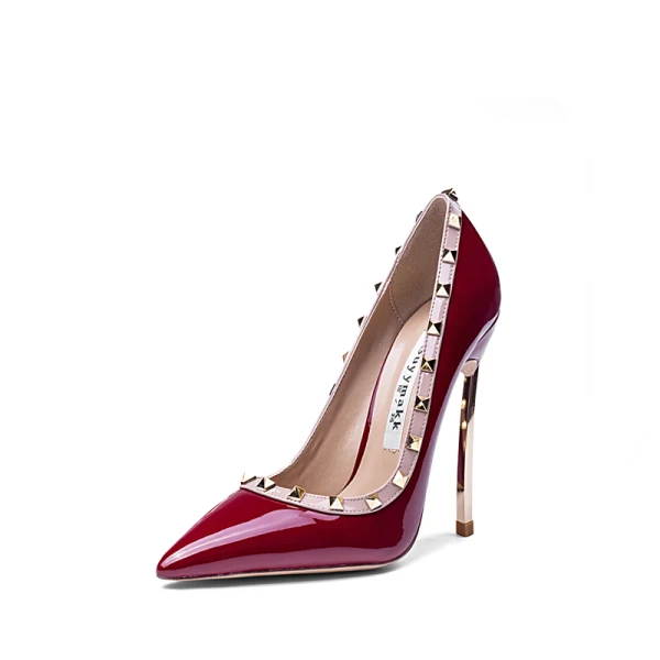 Fashion Burgundy Evening Party Rivet Pumps 2021 Patent Leather 10 cm Stiletto Heels High Heels Pointed Toe Pumps