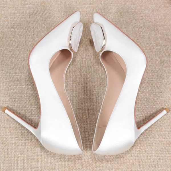Élégant Blanche Soirée Satin Escarpins 2021 10 cm Talons Aiguilles Talons Hauts À Bout Pointu Escarpins