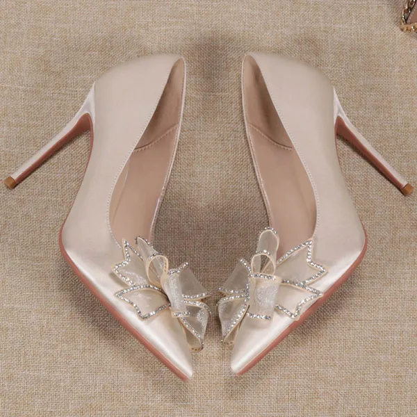 Élégant Champagne Satin Soirée Noeud Faux Diamant Escarpins 2021 10 cm Talons Aiguilles Talons Hauts À Bout Pointu Escarpins