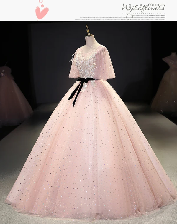 Chic / Beautiful Blushing Pink Prom Dresses 2021 Ball Gown V-Neck Rhinestone Lace Flower Sash Short Sleeve Backless Floor-Length / Long Prom Formal Dresses