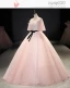 Chic / Beautiful Blushing Pink Prom Dresses 2021 Ball Gown V-Neck Rhinestone Lace Flower Sash Short Sleeve Backless Floor-Length / Long Prom Formal Dresses