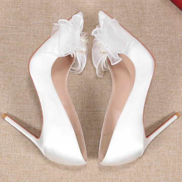 Elegant White Evening Party Satin Pearl Bow Pumps 2021 10 cm Stiletto Heels High Heels Pointed Toe Pumps