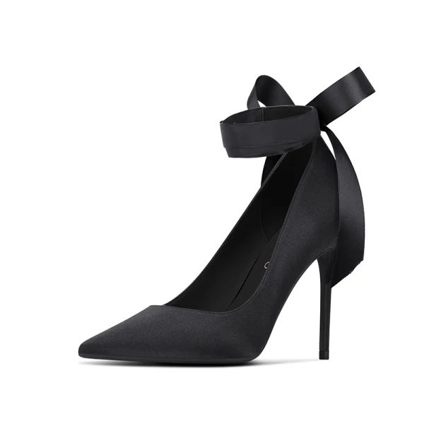 Élégant Noire Promo Satin Escarpins 2021 Bride Cheville Noeud 10 cm Talons Aiguilles Talons Hauts À Bout Pointu Escarpins