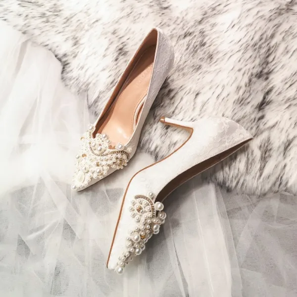 Chic / Belle Ivoire Perle Faux Diamant Chaussure De Mariée 2021 7 cm Talons Aiguilles À Bout Pointu Mariage Escarpins Talons Hauts