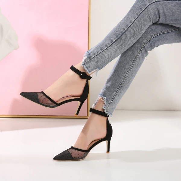 Fashion Beige Street Wear Spotted Womens Sandals 2021 Ankle Strap 7 cm Stiletto Heels Pointed Toe Sandals High Heels