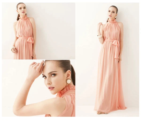 Elegant Summer Khaki Maxi Dresses 2018 Pleated High Neck Short Sleeve Floor-Length / Long Womens Clothing