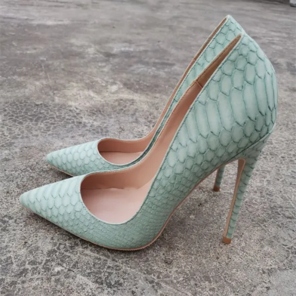 Chic / Beautiful Mint Green Cocktail Party Snakeskin Print Pumps 2021 Leather 12 cm Stiletto Heels Pointed Toe High Heels