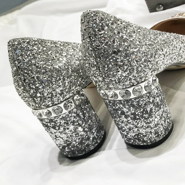 Glittrande Sexig Silver Afton Paljetter Pumps 2021 Läder 6 cm Rhinestone Tjocka Klackar Högklackade Spetsiga Pumps