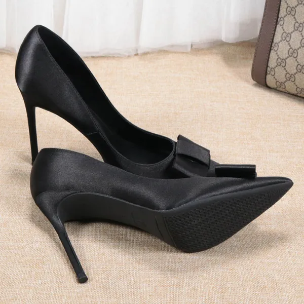 Chic / Beautiful Black Office OL Satin Pumps 2021 Bow 10 cm Stiletto Heels Pointed Toe High Heels