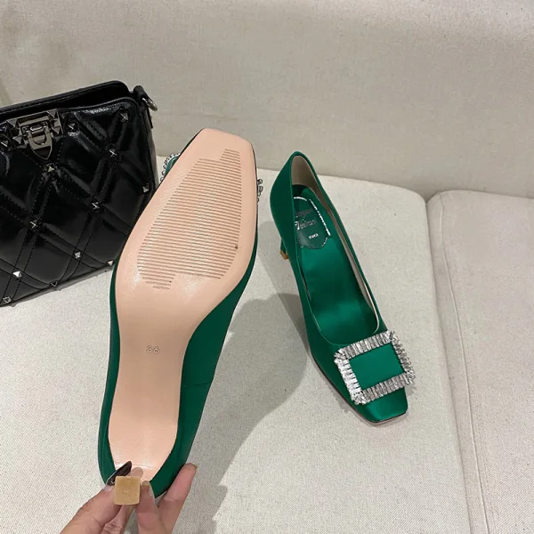 Vintage / Retro Green Silk Satin Prom Rhinestone Pumps 2021 7 cm Stiletto Heels Square Toe High Heels