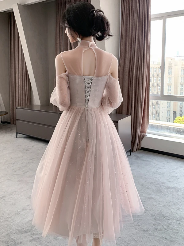 Chic / Beautiful Blushing Pink Bridesmaid Dresses 2021 A-Line / Princess Square Neckline Pearl Sequins Short Sleeve Backless Tea-length Bridesmaid Wedding Party Dresses