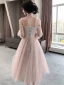 Chic / Beautiful Blushing Pink Bridesmaid Dresses 2021 A-Line / Princess Square Neckline Pearl Sequins Short Sleeve Backless Tea-length Bridesmaid Wedding Party Dresses