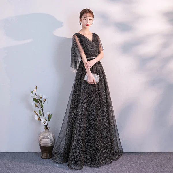 Modern / Fashion Black Evening Dresses 2018 A-Line / Princess Sash V-Neck Backless Short Sleeve Floor-Length / Long Formal Dresses