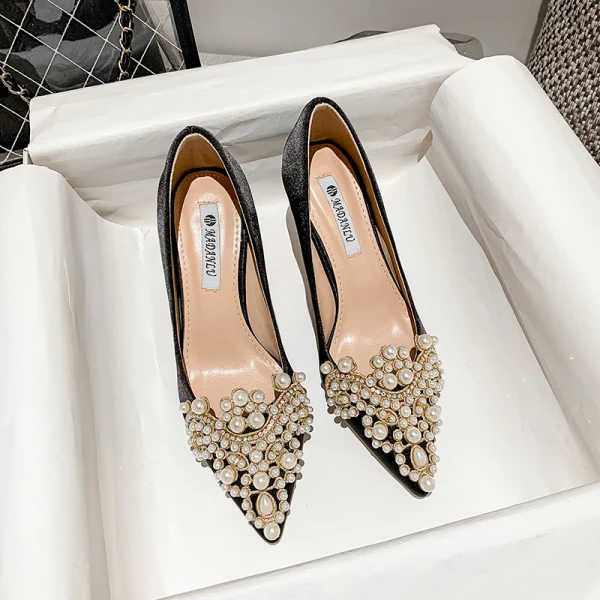 Elegante Schwarz Abend Perle Strass Pumps 2021 Satin Hochhackige 7 cm Stilettos Spitzschuh Pumps