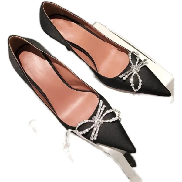 Charming Black Silk Satin Evening Party Pumps 2021 Bow Rhinestone High Heels 10 cm Stiletto Heels Pointed Toe Pumps