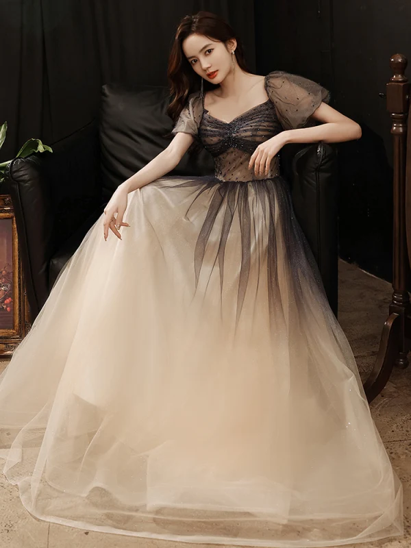 Fashion Navy Blue Glitter Prom Dresses 2021 A-Line / Princess Square Neckline Beading Crystal Short Sleeve Floor-Length / Long Prom Formal Dresses