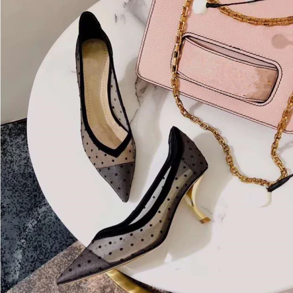 Charming Black Dating See-through Spotted Pumps 2021 Tulle High Heels 6 cm Stiletto Heels Pointed Toe Pumps
