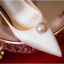 Elegant Ivory Satin Pearl Wedding Shoes 2021 Ankle Strap High Heels 7 cm Stiletto Heels Pointed Toe Wedding Pumps