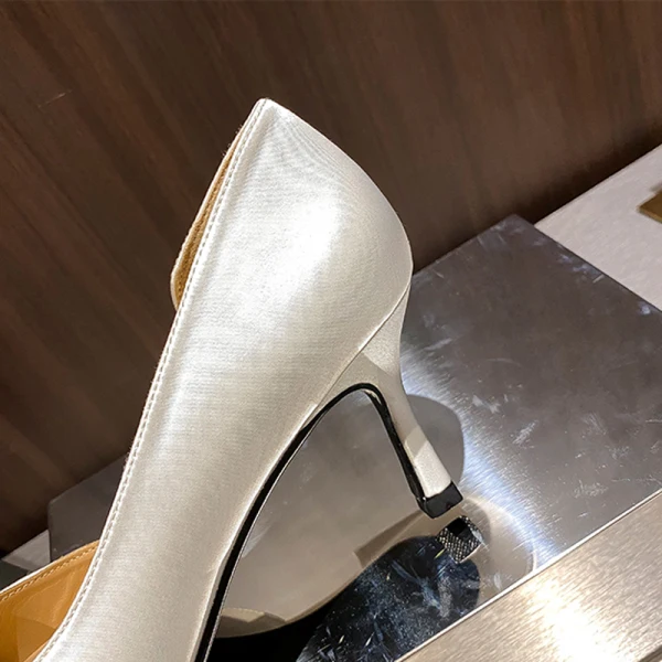 Elegant Ivory Open Side Satin Flower Wedding Shoes 2021 7 cm Stiletto Heels Pointed Toe Wedding High Heels