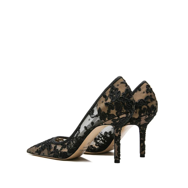 Sexy Black Evening Party See-through Lace Flower Pumps 2021 8 cm Stiletto Heels High Heels Pointed Toe Pumps