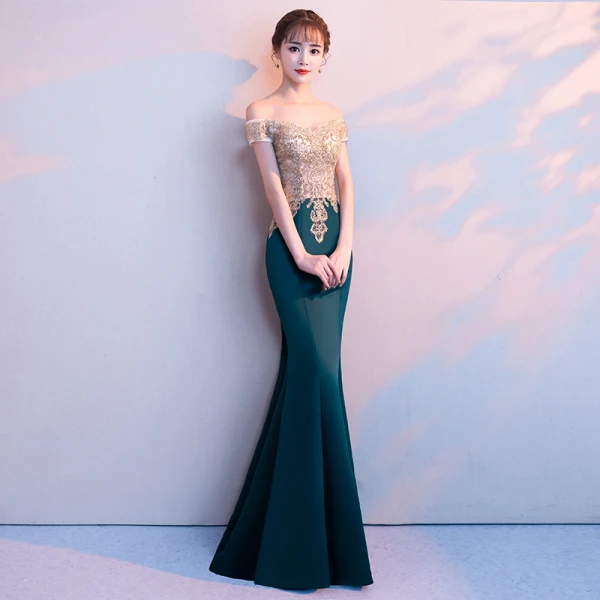 Elegant Dark Green Evening Dresses  2018 Trumpet / Mermaid Lace Beading Off-The-Shoulder Backless Short Sleeve Floor-Length / Long Formal Dresses