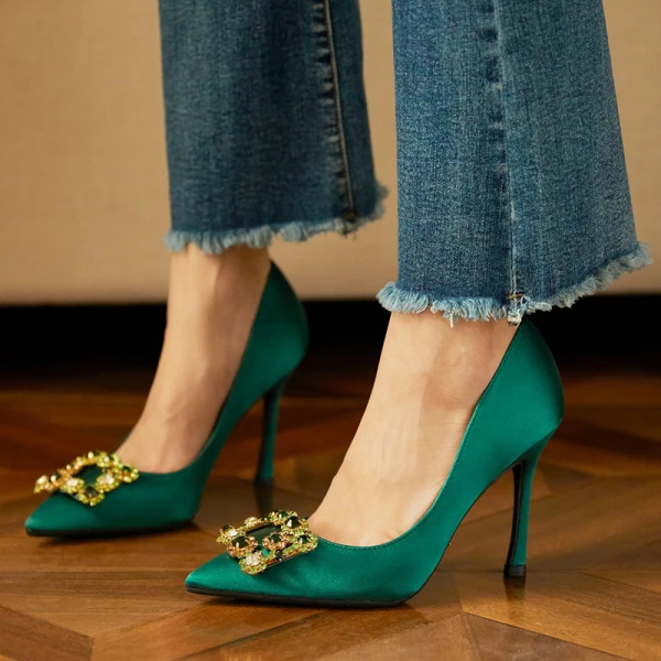 Elegant Dark Green Prom Satin Rhinestone Pumps 2021 10 cm Stiletto Heels Pointed Toe High Heels