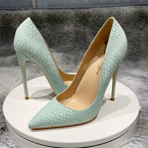 Schöne Lindgrün Cocktail Schlangenhautmuster Pumps 2021 12 cm Stilettos Spitzschuh Hochhackige