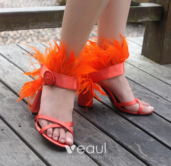 Unusual Ivory Feather Prom Womens Sandals 2021 Ankle Strap 10 cm Thick Heels Open Peep